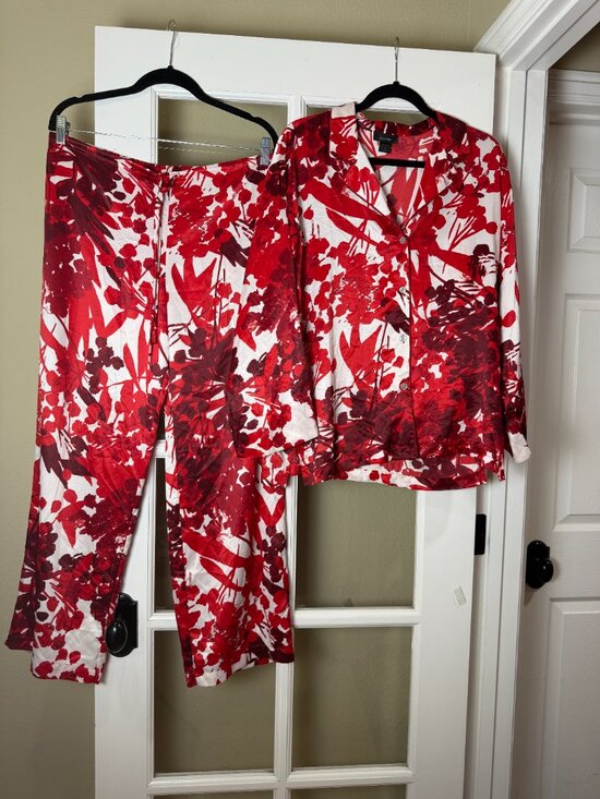 Natori Other - NATORI Wide Leg Red & White Botanical Floral Satin Print Pajama PJ Set Medium